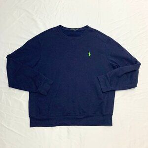 Polo Ralph Lauren Mens Navy Blue Fleece Crew neck Sweatshirt XL Neon Green Logo